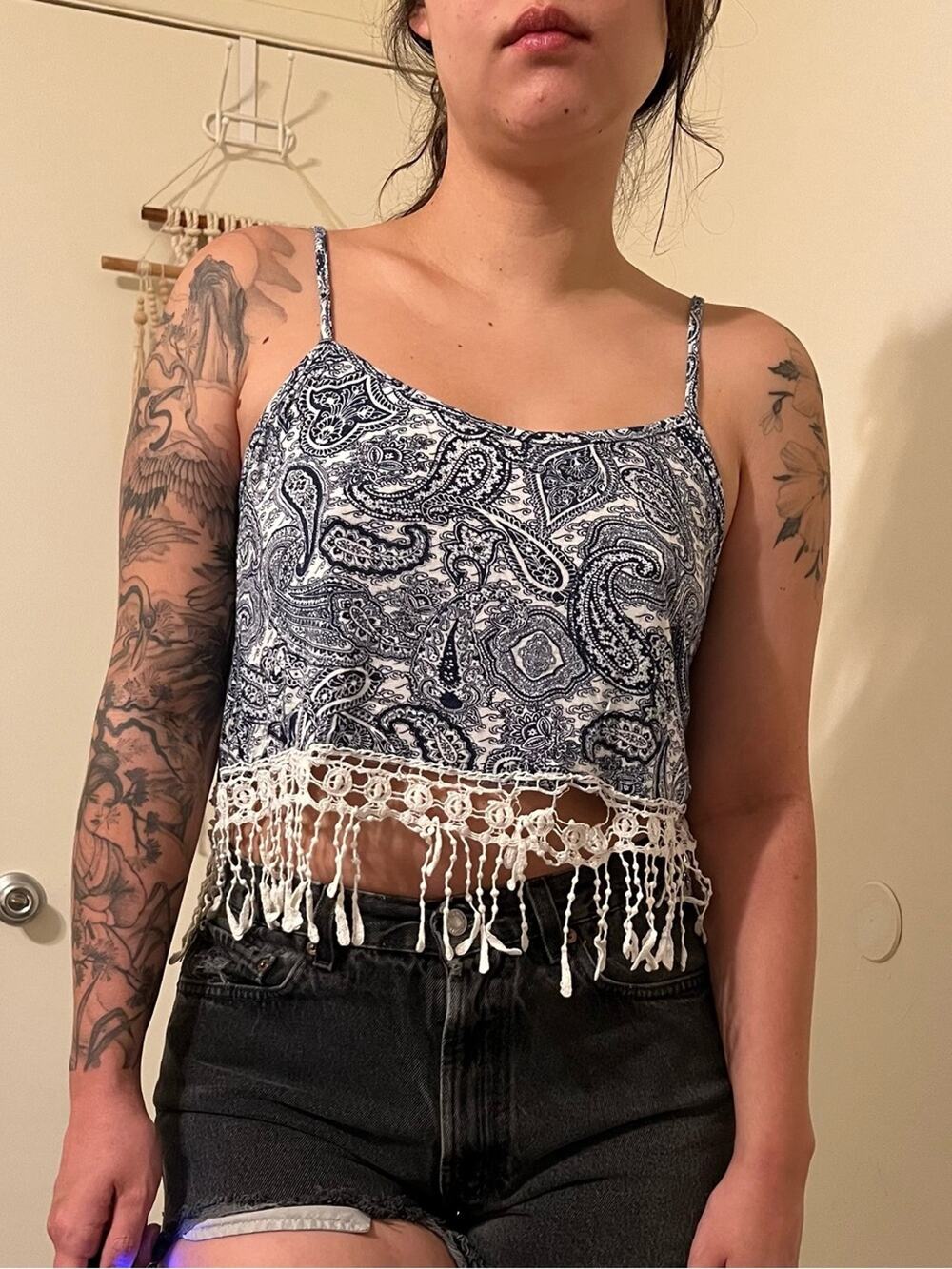 Paisley Crochet-Hem Crop Cami Tank Top - Blue/White